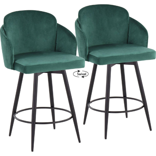 Dahlia 26" Counter Stool in Black Metal, Green Velvet & Gold Accent w/ Black Footrest (Set of 2)